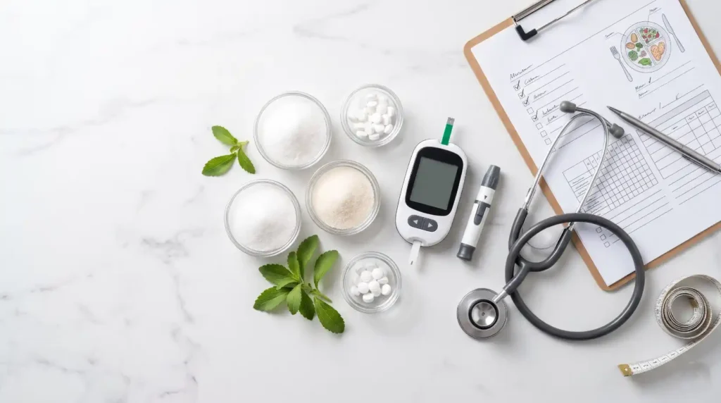 Artificial sweeteners in diet therapy featuring crystalline sugar substitutes, stevia leaves, and a glucose monitor