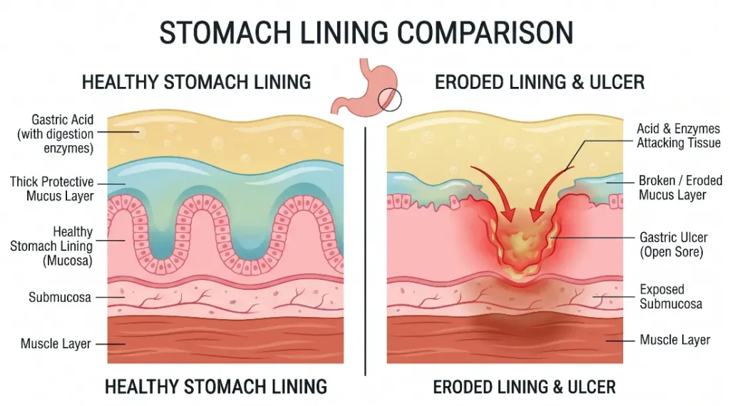 Medical illustration showing how a peptic ulcer forms and damages the stomach lining.