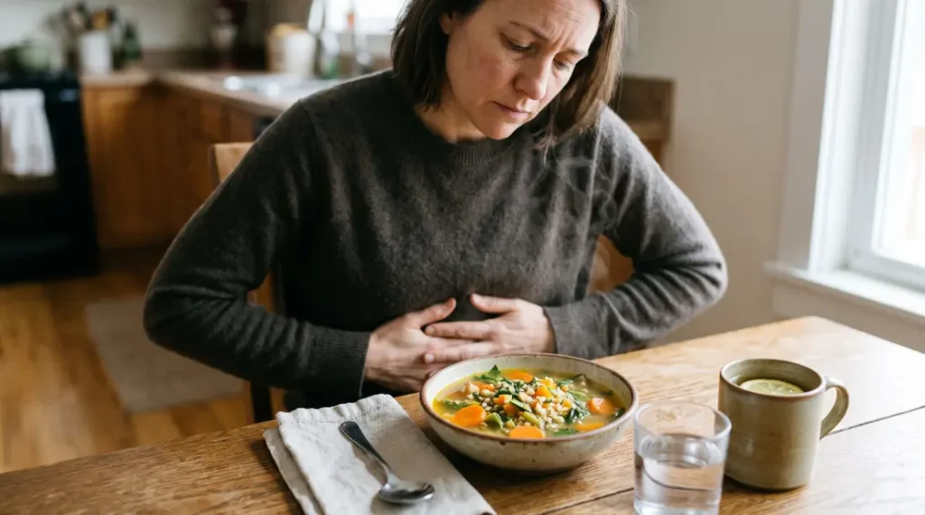 A person experiencing stomach discomfort, looking for a healing peptic ulcer diet.